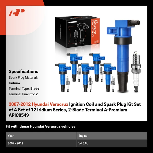 2007-2012 Hyundai Veracruz Ignition Coil and Spark Plug Kit Set of A Set of 12 Iridium Series, 2-Blade Terminal A-Premium APIC0549