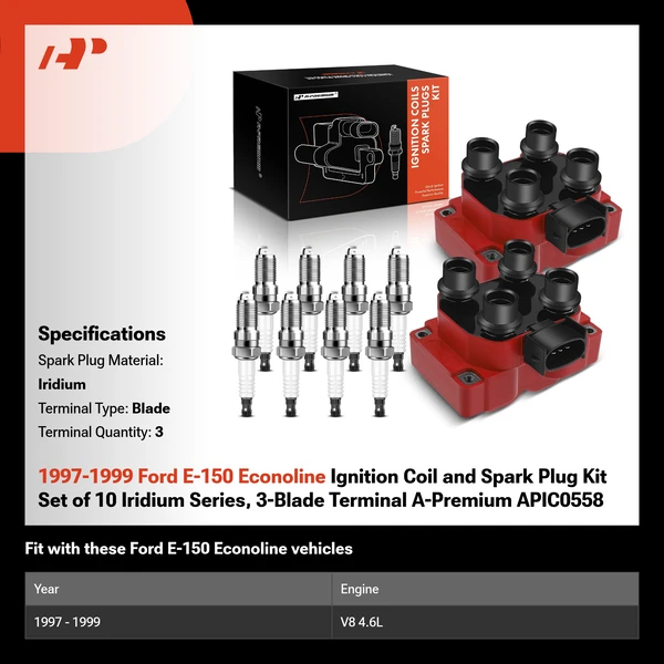 1997-1999 Ford E-150 Econoline Ignition Coil and Spark Plug Kit Set of 10 Iridium Series, 3-Blade Terminal A-Premium APIC0558