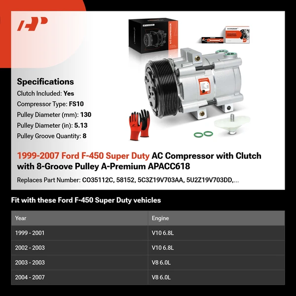 1999-2007 Ford F-450 Super Duty AC Compressor with Clutch with 8-Groove Pulley A-Premium APACC618