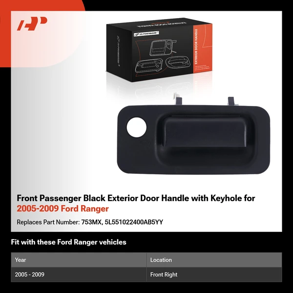 Front Passenger Black Exterior Door Handle with Keyhole for 2005-2009 Ford Ranger