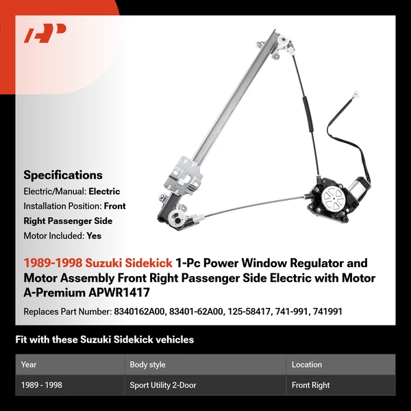 1989-1998 Suzuki Sidekick 1-Pc Power Window Regulator and Motor Assembly Front Right Passenger Side Electric with Motor A-Premium APWR1417