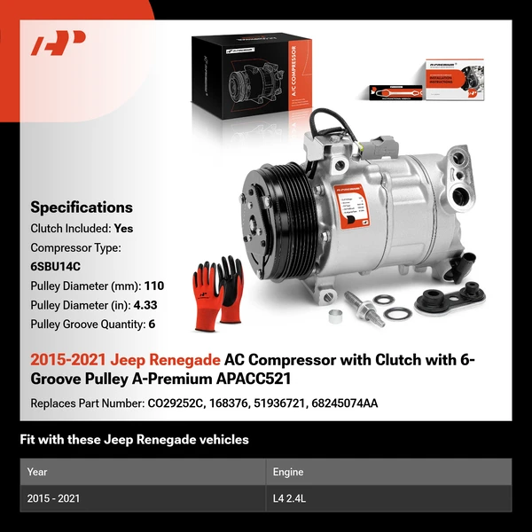 2015-2021 Jeep Renegade AC Compressor with Clutch with 6-Groove Pulley A-Premium APACC521