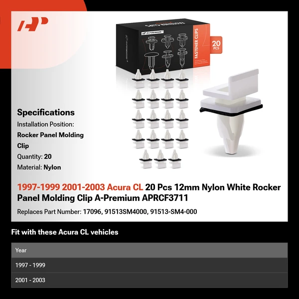 1997-1999 2001-2003 Acura CL 20 Pcs 12mm Nylon White Rocker Panel Molding Clip A-Premium APRCF3711