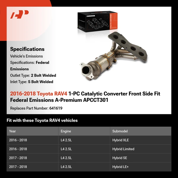 2016-2018 Toyota RAV4 1-PC Catalytic Converter Front Side Fit Federal Emissions A-Premium APCCT301