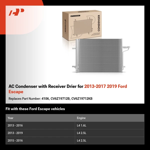 AC Condenser with Receiver Drier for 2013-2017 2019 Ford Escape