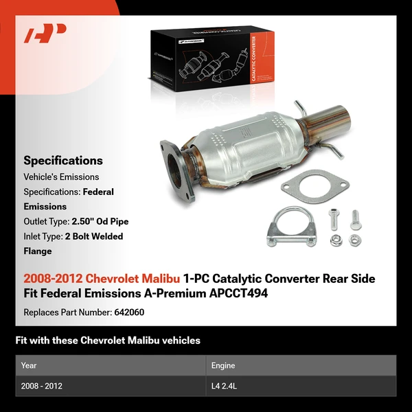 2008-2012 Chevrolet Malibu 1-PC Catalytic Converter Rear Side Fit Federal Emissions A-Premium APCCT494