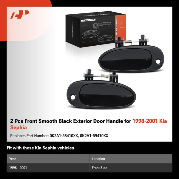 2 Pcs Front Smooth Black Exterior Door Handle for 1998-2001 Kia Sephia