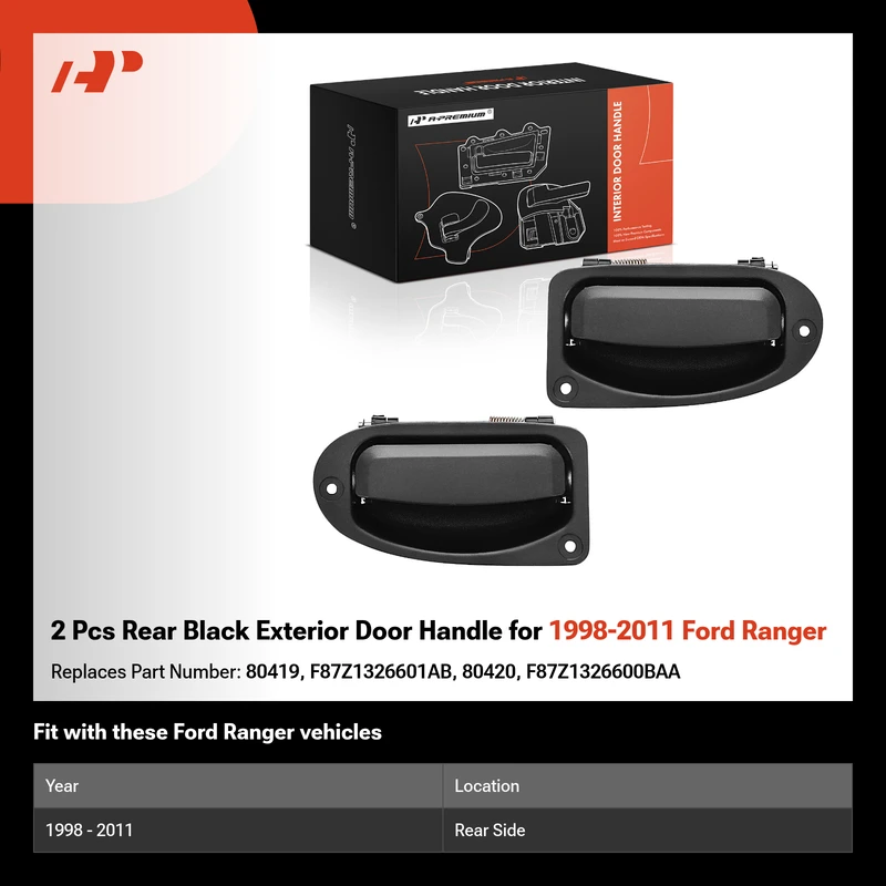 2 Pcs Rear Black Exterior Door Handle for 1998-2011 Ford Ranger