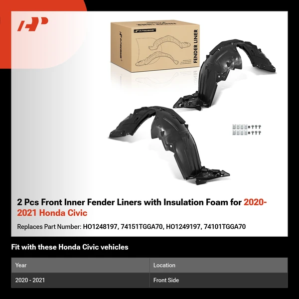 2 Pcs Front Inner Fender Liners with Insulation Foam for 2020-2021 Honda Civic
