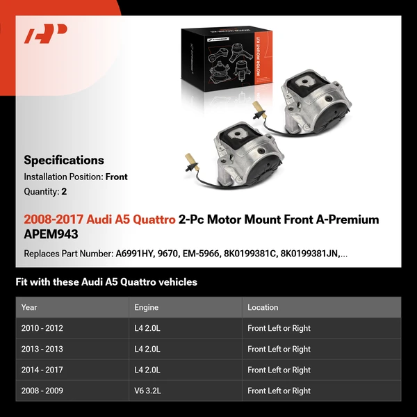 2008-2017 Audi A5 Quattro 2-Pc Motor Mount Front A-Premium APEM943
