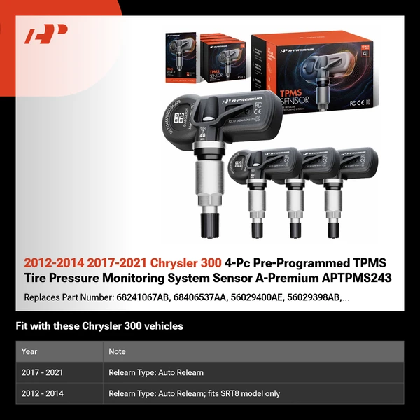 2012-2014 2017-2021 Chrysler 300 4-Pc Pre-Programmed TPMS Tire Pressure Monitoring System Sensor A-Premium APTPMS243