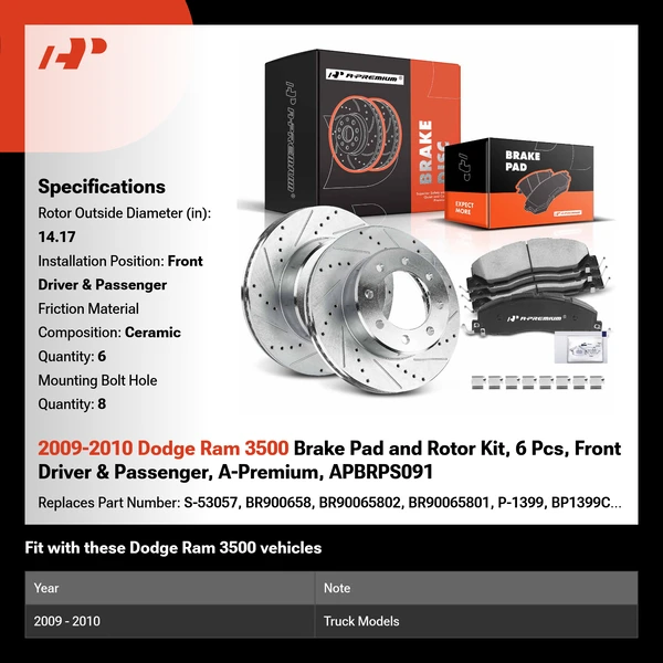 2009-2010 Dodge Ram 3500 Brake Pad and Rotor Kit, 6 Pcs, Front Driver & Passenger, A-Premium, APBRPS091
