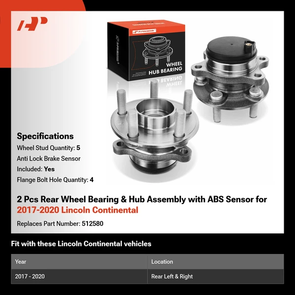 2 Pcs Rear Wheel Bearing & Hub Assembly with ABS Sensor for 2017-2020 Lincoln Continental