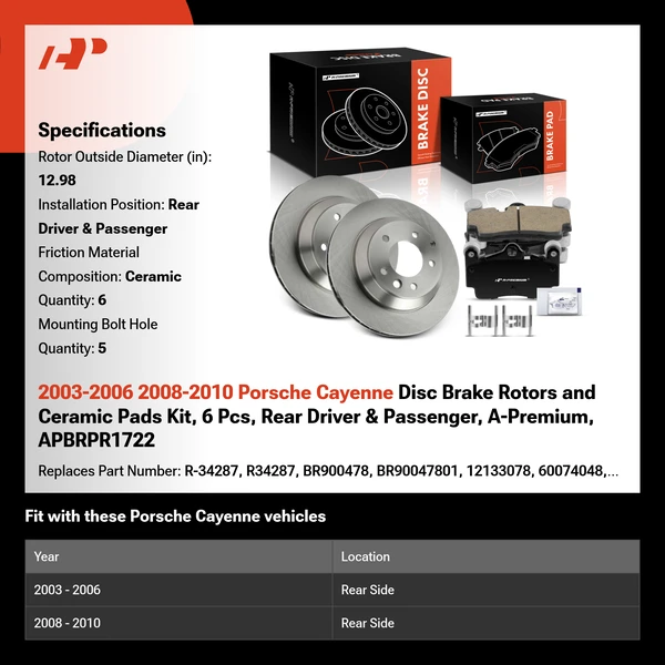 2003-2006 2008-2010 Porsche Cayenne Disc Brake Rotors and Ceramic Pads Kit, 6 Pcs, Rear Driver & Passenger, A-Premium, APBRPR1722