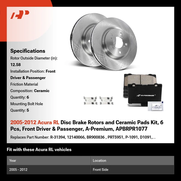 2005-2012 Acura RL Disc Brake Rotors and Ceramic Pads Kit, 6 Pcs, Front Driver & Passenger, A-Premium, APBRPR1077