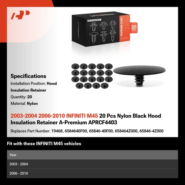 2003-2004 2006-2010 INFINITI M45 20 Pcs Nylon Black Hood Insulation Retainer A-Premium APRCF4403