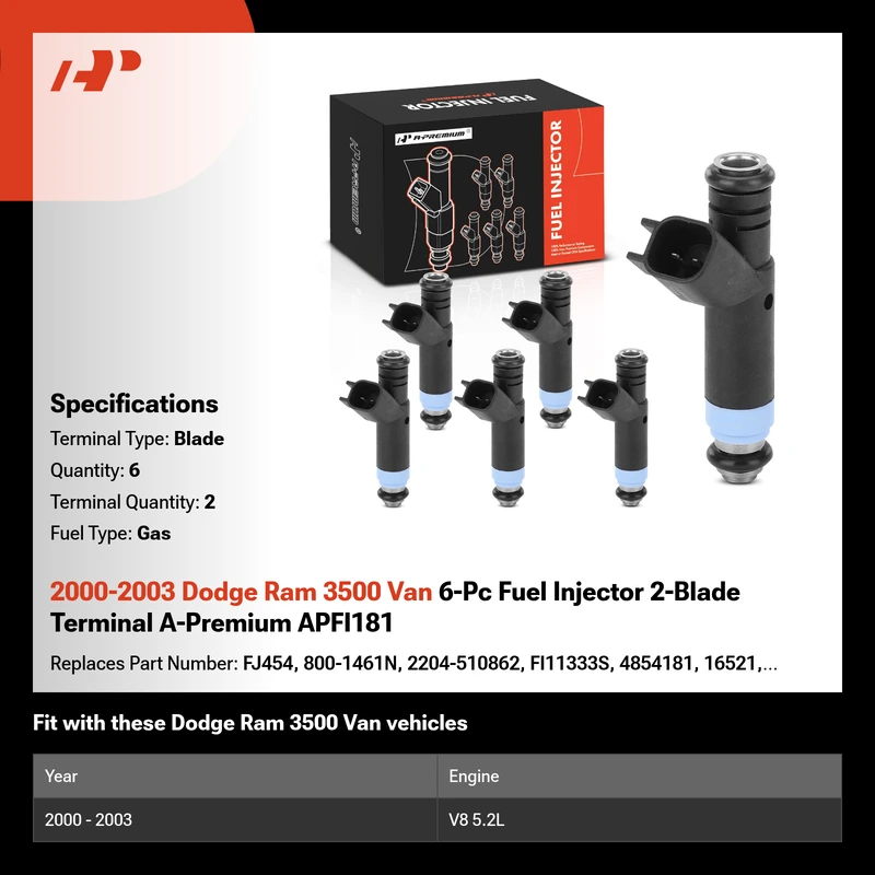 2000-2003 Dodge Ram 3500 Van 6-Pc Fuel Injector 2-Blade Terminal A-Premium APFI181