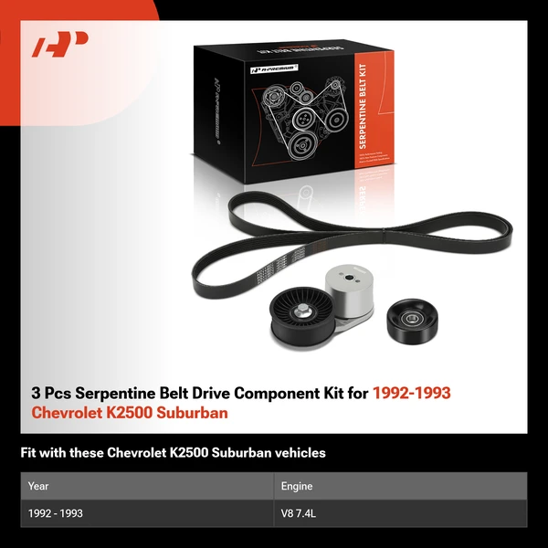 3 Pcs Serpentine Belt Drive Component Kit for 1992-1993 Chevrolet K2500 Suburban