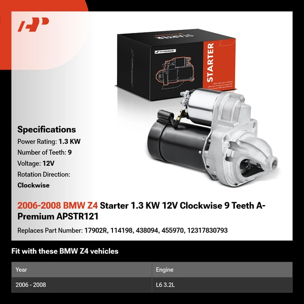 2006-2008 BMW Z4 Starter 1.3 KW 12V Clockwise 9 Teeth A-Premium APSTR121