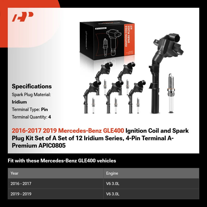 2016-2017 2019 Mercedes-Benz GLE400 Ignition Coil and Spark Plug Kit Set of A Set of 12 Iridium Series, 4-Pin Terminal A-Premium APIC0805