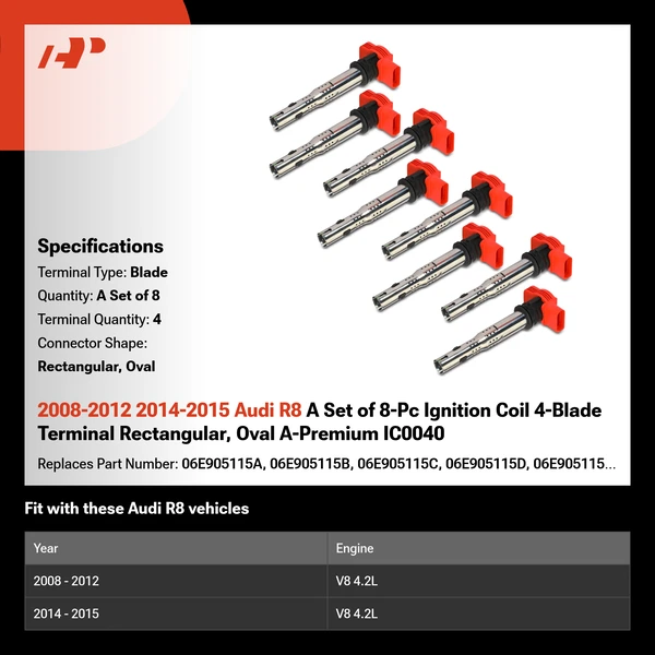 2008-2012 2014-2015 Audi R8 A Set of 8-Pc Ignition Coil 4-Blade Terminal Rectangular, Oval A-Premium IC0040