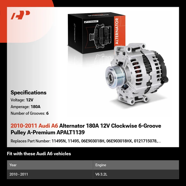 2010-2011 Audi A6 Alternator 180A 12V Clockwise 6-Groove Pulley A-Premium APALT1139