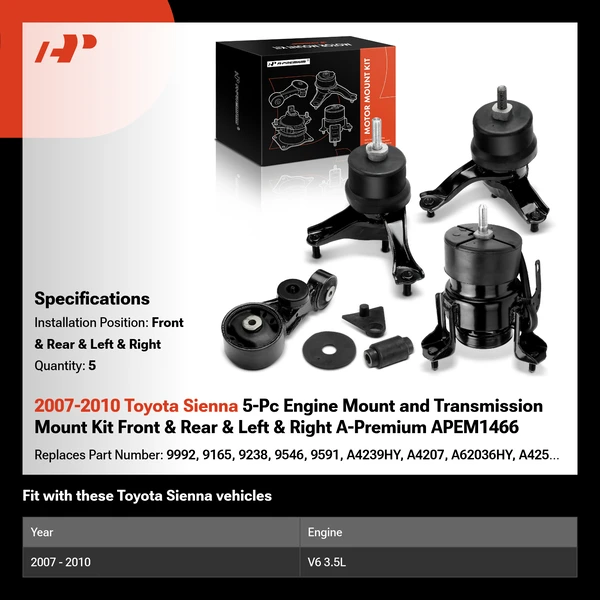 2007-2010 Toyota Sienna 5-Pc Engine Mount and Transmission Mount Kit Front & Rear & Left & Right A-Premium APEM1466