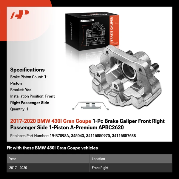 2017-2020 BMW 430i Gran Coupe 1-Pc Brake Caliper Front Right Passenger Side 1-Piston A-Premium APBC2620
