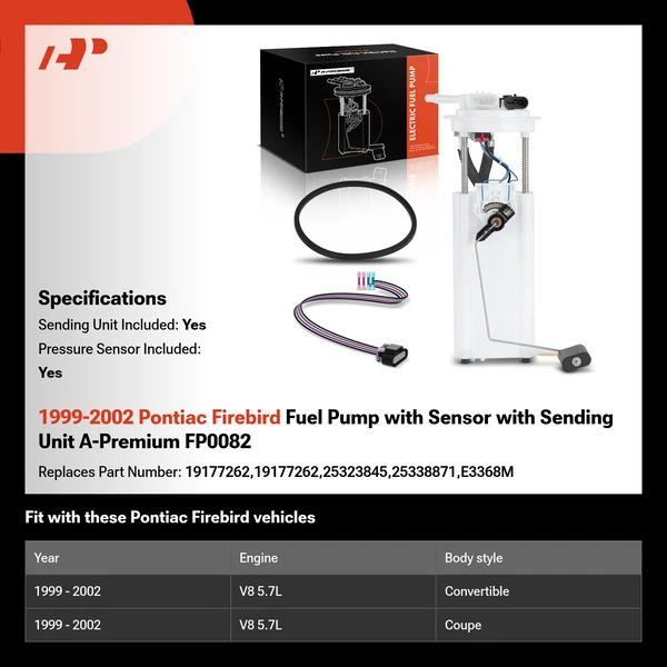1999-2002 Pontiac Firebird Fuel Pump with Sensor with Sending Unit A-Premium FP0082
