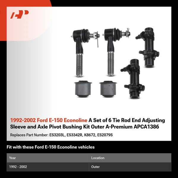 1992-2002 Ford E-150 Econoline A Set of 6 Tie Rod End Adjusting Sleeve and Axle Pivot Bushing Kit Outer A-Premium APCA1386
