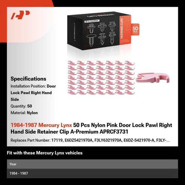 1984-1987 Mercury Lynx 50 Pcs Nylon Pink Door Lock Pawl Right Hand Side Retainer Clip A-Premium APRCF3731