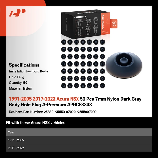1991-2005 2017-2022 Acura NSX 50 Pcs 7mm Nylon Dark Gray Body Hole Plug A-Premium APRCF3308