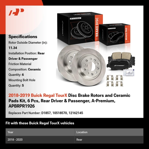 2018-2019 Buick Regal TourX Disc Brake Rotors and Ceramic Pads Kit, 6 Pcs, Rear Driver & Passenger, A-Premium, APBRPR1926