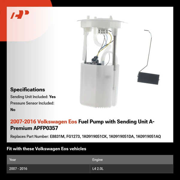 2007-2016 Volkswagen Eos Fuel Pump with Sending Unit A-Premium APFP0357