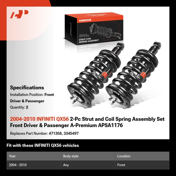 2004-2010 INFINITI QX56 2-Pc Strut and Coil Spring Assembly Set Front Driver & Passenger A-Premium APSA1176