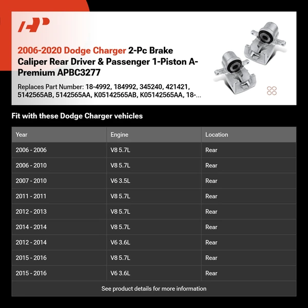 2006-2021 Dodge Charger 2-Pc Brake Caliper Rear Driver & Passenger 1-Piston A-Premium APBC3277
