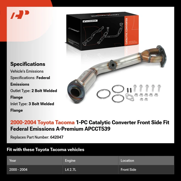 2000-2004 Toyota Tacoma 1-PC Catalytic Converter Front Side Fit Federal Emissions A-Premium APCCT539