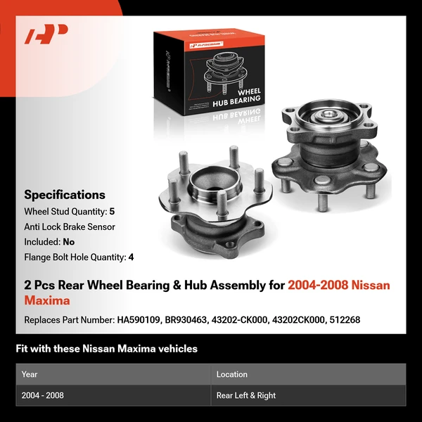 2 Pcs Rear Wheel Bearing & Hub Assembly for 2004-2008 Nissan Maxima