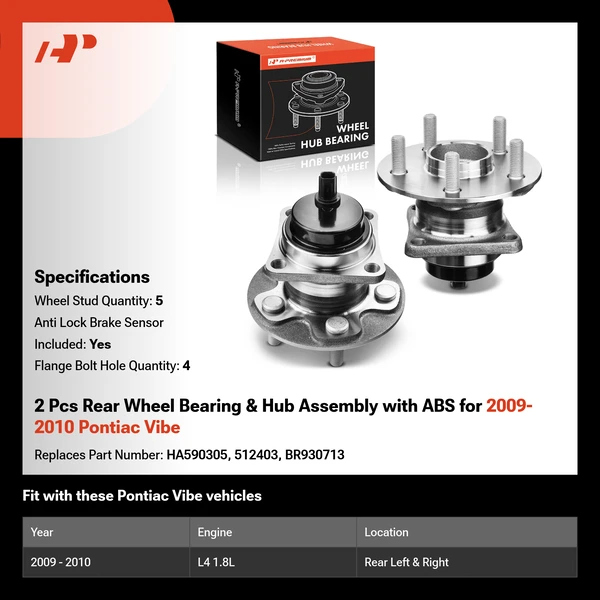 2 Pcs Rear Wheel Bearing & Hub Assembly with ABS for 2009-2010 Pontiac Vibe