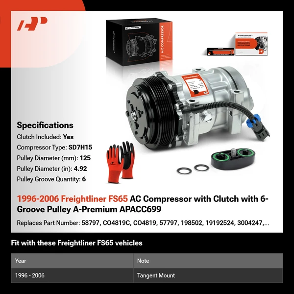 1996-2006 Freightliner FS65 AC Compressor with Clutch with 6-Groove Pulley A-Premium APACC699