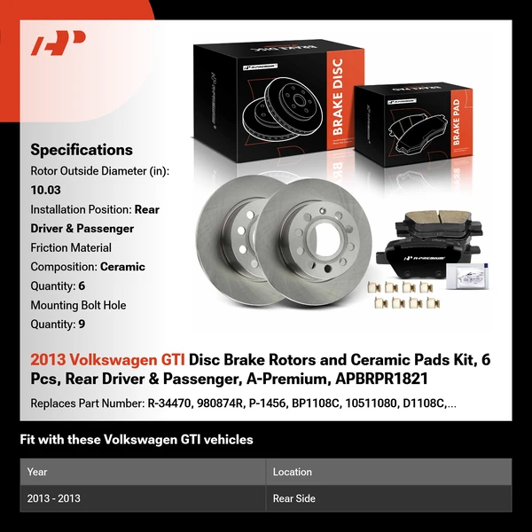2013 Volkswagen GTI Disc Brake Rotors and Ceramic Pads Kit, 6 Pcs, Rear Driver & Passenger, A-Premium, APBRPR1821