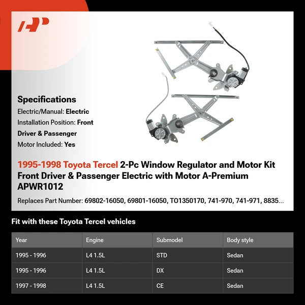 1995-1998 Toyota Tercel 2-Pc Window Regulator and Motor Kit Front Driver & Passenger Electric with Motor A-Premium APWR1012