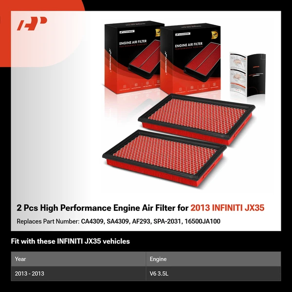 2 Pcs High Performance Engine Air Filter for 2013 INFINITI JX35