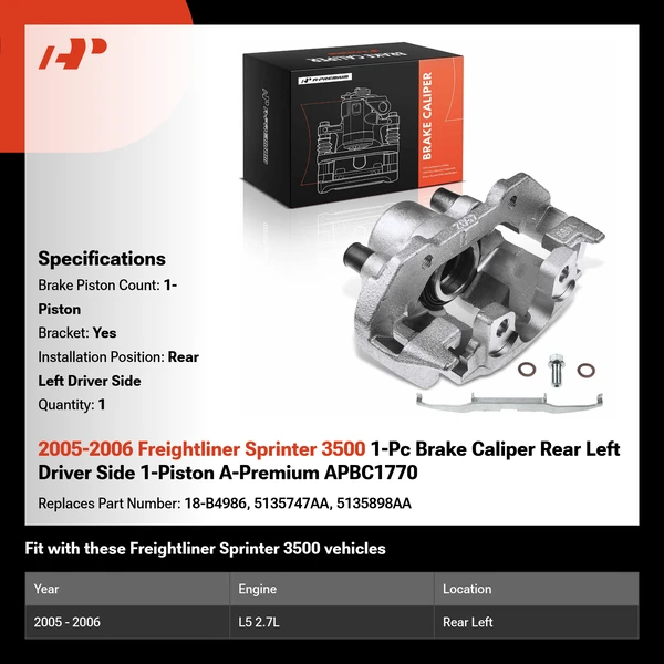 2005-2006 Freightliner Sprinter 3500 1-Pc Brake Caliper Rear Left Driver Side 1-Piston A-Premium APBC1770