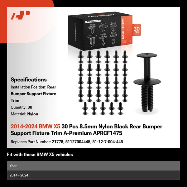 2014-2024 BMW X5 30 Pcs 8.5mm Nylon Black Rear Bumper Support Fixture Trim A-Premium APRCF1475