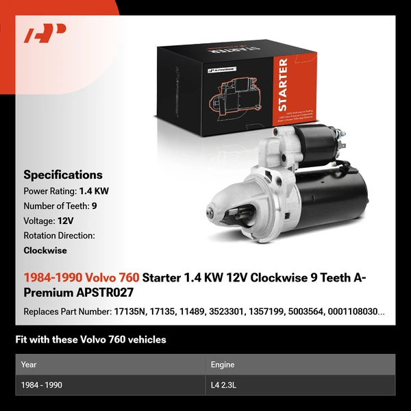 1984-1990 Volvo 760 Starter 1.4 KW 12V Clockwise 9 Teeth A-Premium APSTR027