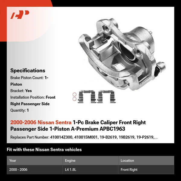 2000-2006 Nissan Sentra 1-Pc Brake Caliper Front Right Passenger Side 1-Piston A-Premium APBC1963