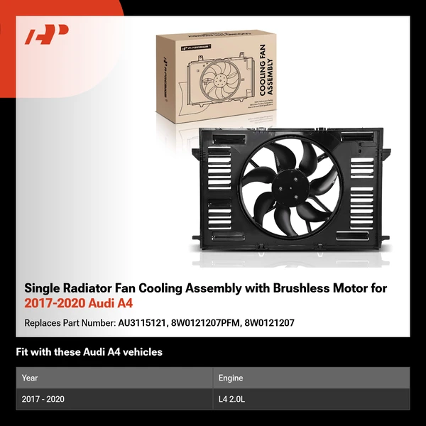 Single Radiator Fan Cooling Assembly with Brushless Motor for 2017-2020 Audi A4