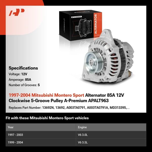 1997-2004 Mitsubishi Montero Sport Alternator 85A 12V Clockwise 5-Groove Pulley A-Premium APALT963