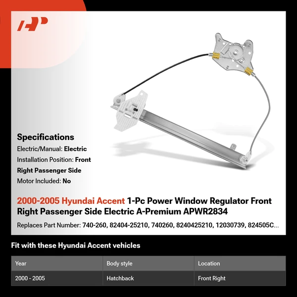 2000-2005 Hyundai Accent 1-Pc Power Window Regulator Front Right Passenger Side Electric A-Premium APWR2834